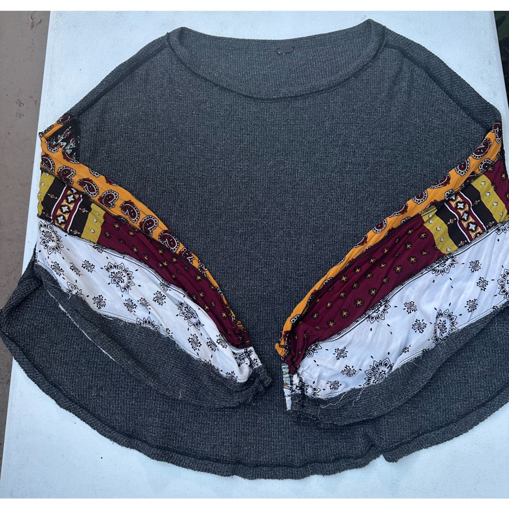Free People We The Free Blossom Gray Thermal Top Patchwork Balloon Slv Sz M Boho - Picture 7 of 16